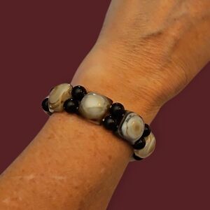 Vintage Black Onyx Bullseye Agate Beaded Unisex Stretch Bracelet